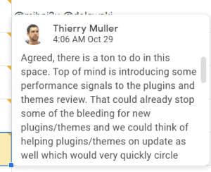 Screenshot of a WordPress Performance Team Comment